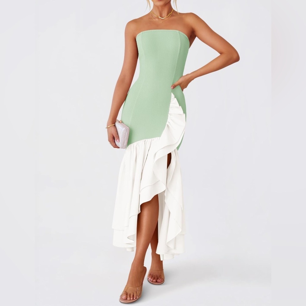 ZESICA Strapless Ribbed Maxi Dress High Slit Mermaid Sage Size Small‎ New